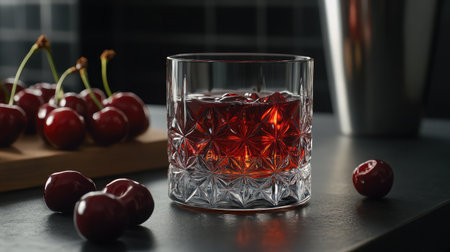 A beautifully crafted glass holds a deep red cocktail, surrounded by fresh cherries, creating an inviting and stylish atmosphere perfect for any gathering.の素材