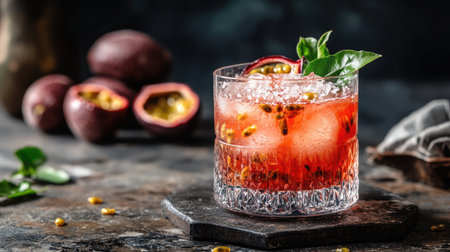 A vibrant passion fruit cocktail in a crystal glass, adorned with fresh basil and ice, captures the essence of summer refreshment on a dark, stylish tabletop.の素材