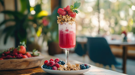 A stunning berry dessert drink garnished with granola, strawberries, and a creamy layer, capturing the essence of freshness and indulgence in a cozy setting.の素材