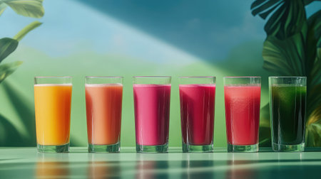 A vibrant display of six colorful juices in glasses on a sunny table, perfect for showcasing healthy beverage options and appealing to health-conscious consumers.の素材