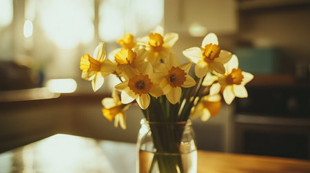 A stunning arrangement of yellow daffodils in a clear glass vase, capturing the essence of spring in a cozy kitchen adorned with soft, warm sunlight.の素材