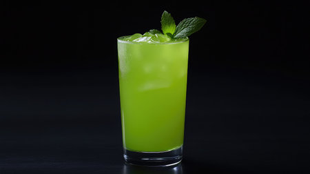 A vibrant green drink with mint leaves sits in a clear glass filled with ice, creating a refreshing look ideal for summer events or casual gatherings.の素材