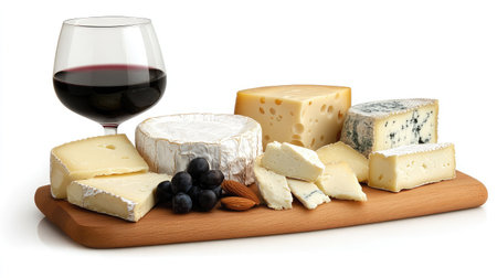 A visually appealing cheese platter featuring an assortment of cheeses, fresh blueberries, and almonds, complemented by a glass of red wine, ideal for any gourmet occasion.の素材