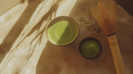 A beautiful teal matcha preparation scene featuring powder, a whisk, and intriguing shadows, all illuminated by gentle sunlight, evoking a sense of tranquility and wellness.の素材