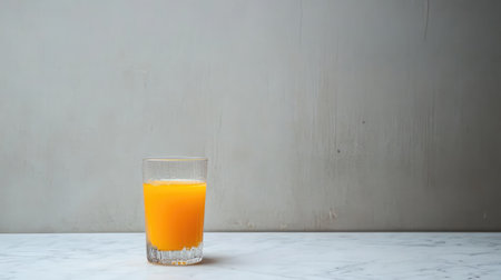 A clear glass filled with refreshing orange juice sits on a white marble table. The minimalist background highlights the vibrant color of the juice, perfect for health and lifestyle themes.の素材