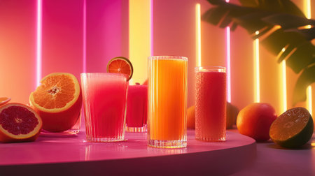 A vibrant scene featuring refreshing tropical fruit drinks on a stylish table, surrounded by fresh citrus fruits, illuminated by colorful neon lights, ideal for summer or party themes.の素材