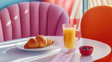 Enjoy a delightful breakfast scene featuring a flaky croissant and a refreshing glass of orange juice, set against a vibrant and modern cafの素材