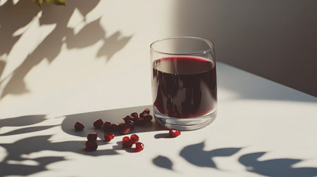 A beautifully lit image of refreshing pomegranate juice in a glass, surrounded by scattered seeds, creating a serene and inviting atmosphere perfect for health enthusiasts.の素材