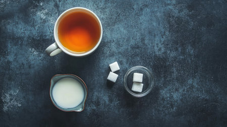 A serene tea time arrangement featuring a warm cup of brewed tea, cream, and sugar cubes on a rustic table, perfect for a cozy and inviting atmosphere.の素材