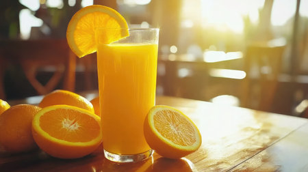 A vibrant glass of orange juice sits on a wooden table surrounded by fresh oranges, captured in warm sunset light, perfect for a healthy summer beverage.の素材