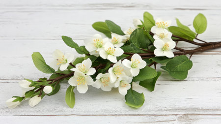 A stunning arrangement featuring a branch of white flowers complemented by vibrant green leaves, perfect for various nature-themed projects and designs.の素材