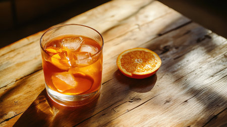 A delicious orange cocktail served with ice in a clear glass placed on a rustic wooden table, illuminated by natural light, creating a warm and inviting atmosphere for relaxation.の素材