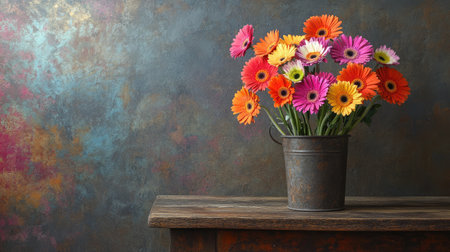 A stunning display of vibrant gerbera daisies in a rustic metal pot, set against a rich, textured background, creating a cheerful and inviting atmosphere. Ideal for floral inspiration.の素材