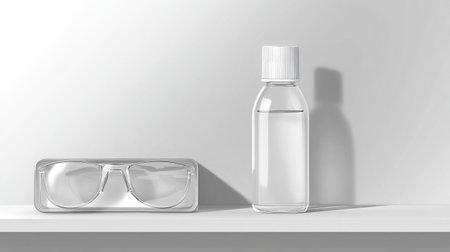 This image showcases clear eyewear placed on a white shelf beside a transparent water bottle, captured against a minimalistic gray background, highlighting simplicity and modernity.の素材