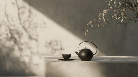 A tranquil setting featuring a black teapot and cup on a minimalist concrete surface, showcasing soft natural light and shadows, ideal for calm and inviting interiors.の素材