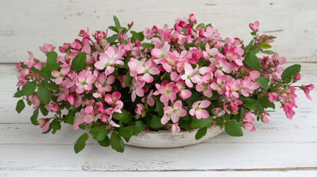 A charming display of delicate pink blossoms in a rustic white bowl, enhancing any space with soft colors and a natural touch, perfect for springtime decoration.の素材