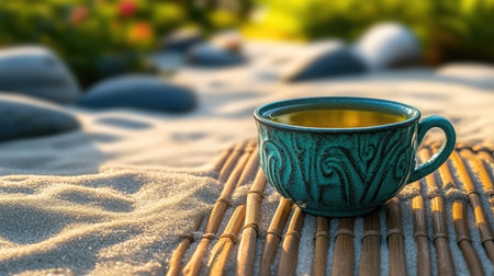 Enjoy a moment of peace with a turquoise cup filled with tea, set against a scenic sandy backdrop, creating a perfect vibe for relaxation and reflection.の素材