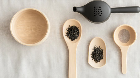 A serene arrangement featuring wooden utensils and tea leaves on a soft backdrop, perfect for showcasing culinary arts and creating inviting beverage scenes.の素材