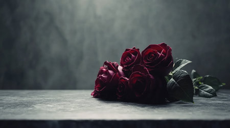 A stunning composition of red roses placed on a textured dark surface, captured with soft natural light that highlights the intricate details of the petals and leaves.の素材