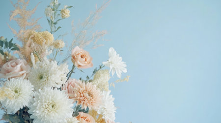 A beautiful floral arrangement featuring soft pastel flowers in cream and pink hues, perfect for creating a fresh and inviting atmosphere in any space.の素材