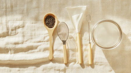 A serene arrangement of kitchen utensils including a wooden scoop with tea leaves, a strainer, and a brewing cone, set against a soft fabric background.の素材