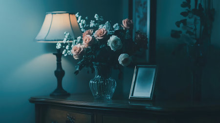 A beautifully arranged still life scene capturing a vintage lamp and soft roses in a dimly lit room, creating an inviting and peaceful ambiance with elegant charm.の素材