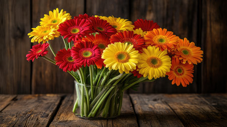 A vibrant display of gerbera daisies in red, yellow, and orange fills a glass vase against a rustic wooden table, capturing the essence of nature's beauty and inviting warmth.の素材