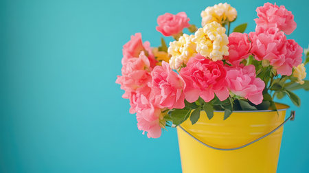 A charming flower arrangement in a yellow bucket featuring pink and white flowers against a vibrant blue background, ideal for adding a touch of color to any space or event.の素材
