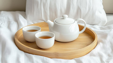 A serene setting featuring a classic white teapot with two cups resting on a wooden tray. The soft bedding enhances the calm atmosphere, perfect for a relaxing tea time.の素材