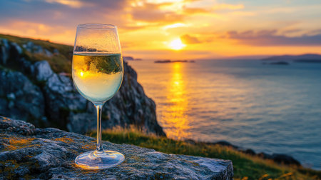 A glass of sparkling wine rests on a rocky surface, overlooking a breathtaking sunset over the ocean, embodying tranquility and the beauty of nature at twilight.の素材
