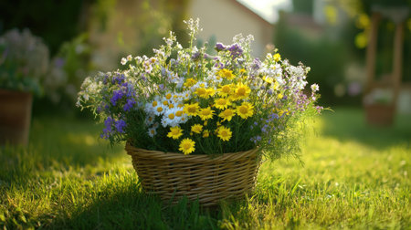 An enchanting arrangement of wildflowers in a rustic woven basket, capturing the essence of a bright sunny day in a serene garden setting. Perfect for seasonal themes.の素材