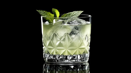 A vibrant minty cocktail served in a stylish glass filled with ice, perfect for summer gatherings and celebrations, showcasing refreshing ingredients and elegant presentation.の素材