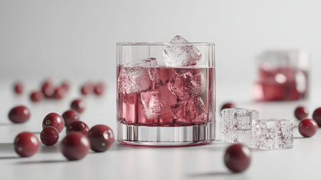 A refreshing glass of cranberry drink features ice cubes and red berries, creating a vibrant and elegant still life perfect for summer themes and social gatherings.の素材