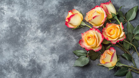 A stunning arrangement of yellow and pink roses set against a textured gray background, ideal for use in romantic themes and floral artwork.の素材