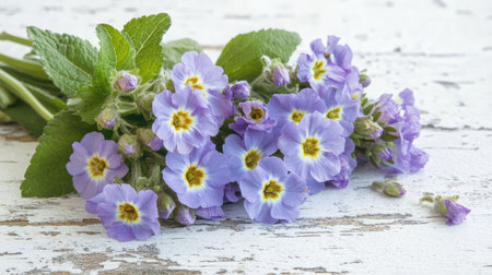 A stunning arrangement of delicate purple flowers complemented by fresh green leaves, set against a rustic wooden background, evoking a sense of natural beauty and tranquility.の素材