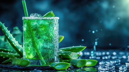Discover the beauty of a refreshing aloe vera drink, vibrant and cool, captured with ice cubes against a backdrop of lush aloe leaves, embodying relaxation and health.の素材