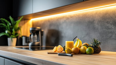 A vibrant arrangement of assorted fresh fruits and a glass of juice on a sleek kitchen countertop, showcasing modern design elements and inviting ambiance.の素材