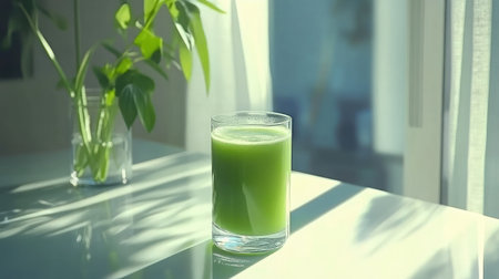 A refreshing glass of green juice is elegantly placed in natural light, surrounded by a serene indoor setting, representing health and wellness perfect for a nutritious lifestyle.の素材