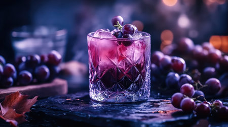 A beautifully crafted cocktail garnished with dark grapes sits in a crystal glass, surrounded by fresh grapes on a rustic table, creating a vibrant and inviting scene.の素材
