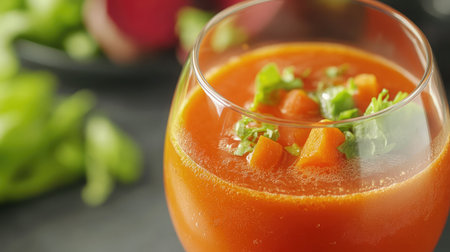 A vibrant glass of fresh vegetable juice featuring carrots and tomatoes, garnished with cilantro. Ideal for promoting a healthy lifestyle and nutrition-focused content.の素材