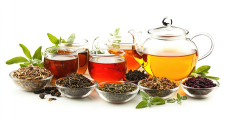 Explore the vibrant world of herbal teas with this collection of glass jars filled with colorful dried ingredients, perfect for wellness and culinary inspiration.の素材