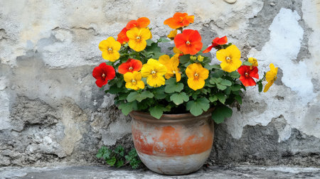 Enjoy the vibrant display of red and yellow blooms in a charming pot against a weathered stone wall, perfect for adding a touch of nature to any setting.の素材