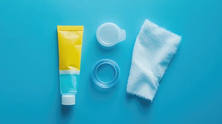 A vibrant flatlay featuring a bright yellow tube, a clear container, and a white cloth towel set against a striking blue background, ideal for beauty or cleaning product displays.の素材