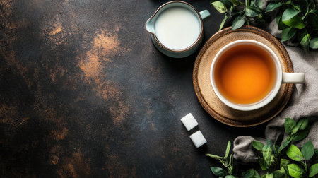 This inviting flat lay features a cup of freshly brewed tea alongside milk and sugar on a rustic dark surface. Soft greenery completes this serene refreshment scene.の素材