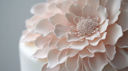 A beautiful close-up of a delicate pink flower decoration atop an elegant cake, showcasing soft petals and intricate details perfect for weddings and special events.の素材