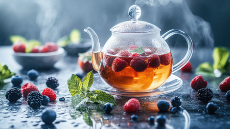 A stunning glass teapot filled with berry tea, adorned with fresh raspberries and mint leaves, gently steaming amidst vibrant berries, creating a refreshing, inviting scene.の素材