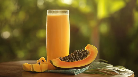 Enjoy a tall glass of refreshing papaya juice with fresh fruit slices and seeds, set on a wooden surface surrounded by lush greenery, highlighting a vibrant tropical lifestyle.の素材