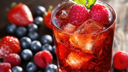 A vibrant glass of refreshing summer beverage adorned with blueberries and raspberries, garnished with mint leaves, perfect for social events or relaxation.の素材