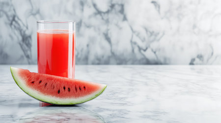A vibrant glass of refreshing watermelon juice sits beside a sliced watermelon on a sleek marble surface, evoking a perfect summer vibe ideal for health and culinary inspiration.の素材