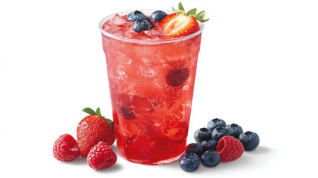 Delight in this colorful fruit-infused drink, brimming with ice and fresh berries, ideal for summer gatherings, outdoor picnics, or a refreshing treat. Enjoy the vibrant flavors!の素材